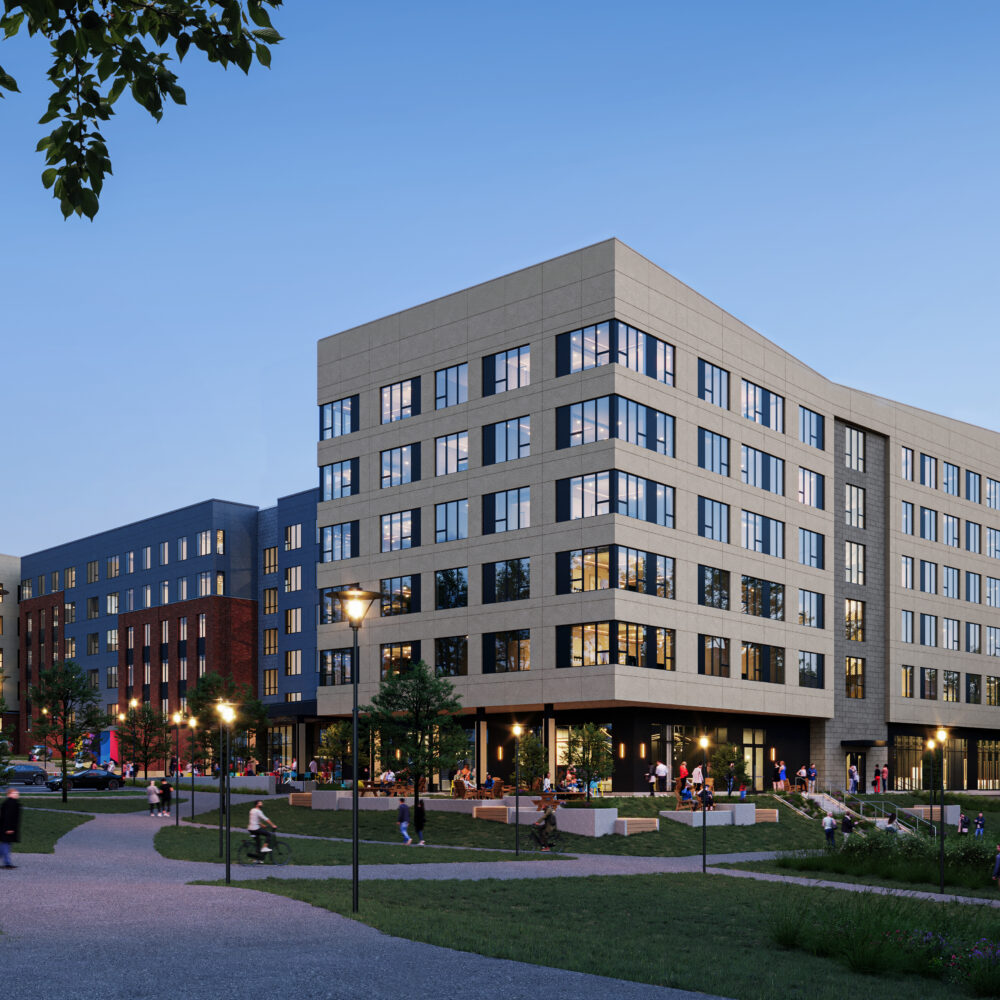 Rendering of student housing at dusk